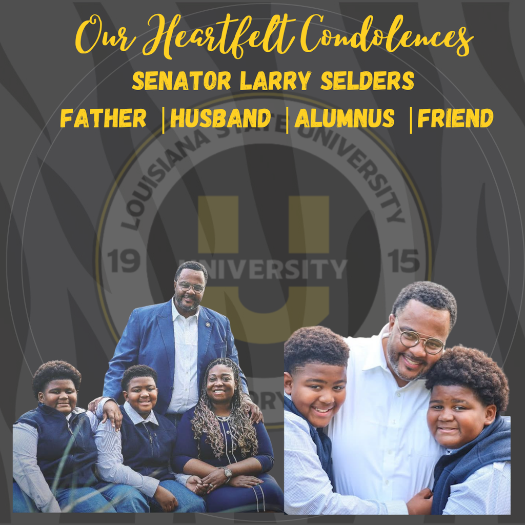 A memorial graphic with a dark gray background featuring a faint University Laboratory School logo. At the top, gold script text reads, "Our Heartfelt Condolences," followed by bold gold text, "Senator Larry Selders." Beneath his name are the words "Father | Husband | Alumnus | Friend." The bottom of the graphic displays two family photos of Senator Larry Selders smiling with his family, including his wife and children.