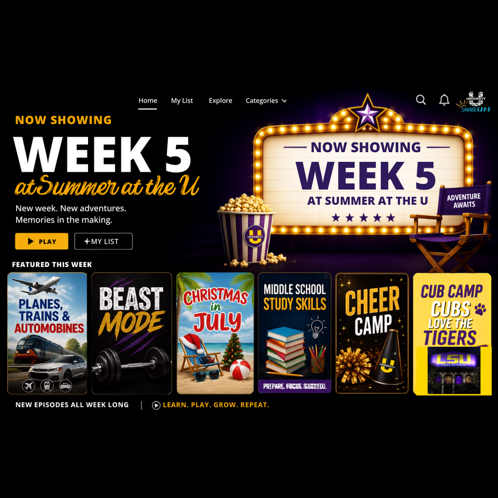 Moving premiere flyer highlighting different camp offerings for week 5 on black background.