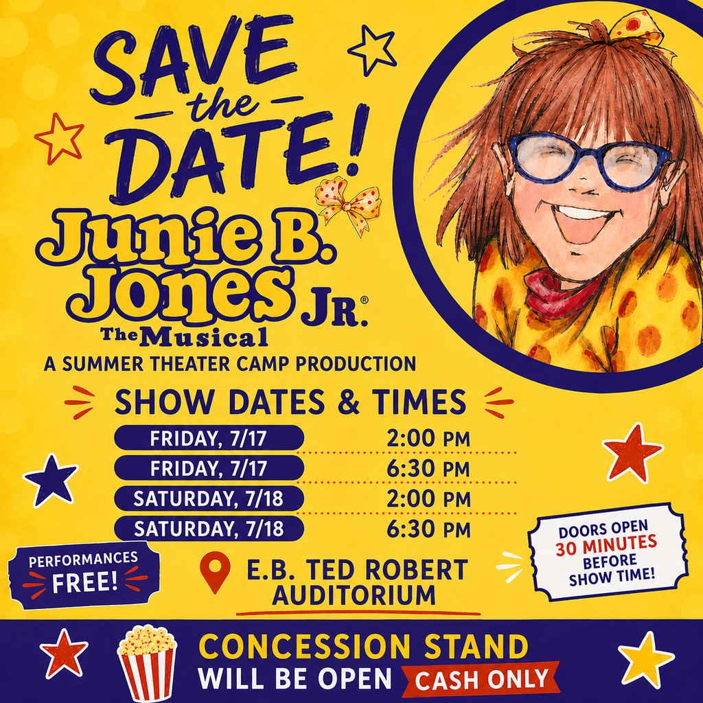 summer camp flyer for a school production of Junie B. Jones Jr on golden yellow and purple background with Junie B character displayed in the top right corner