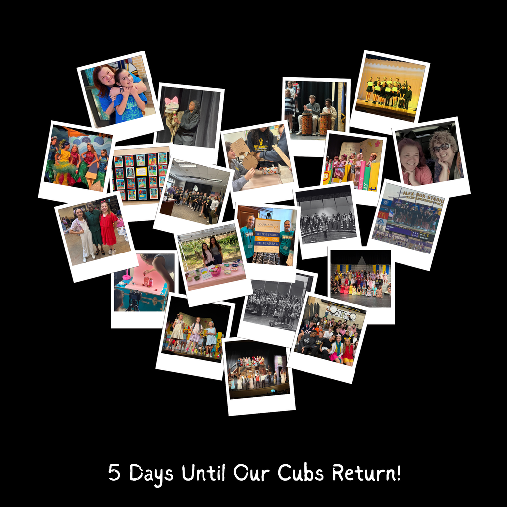 Collage of student life photos arranged in the shape of a heart, highlighting academics, arts, athletics, performances, and special moments, with the message: "5 Days Until Our Cubs Return!"