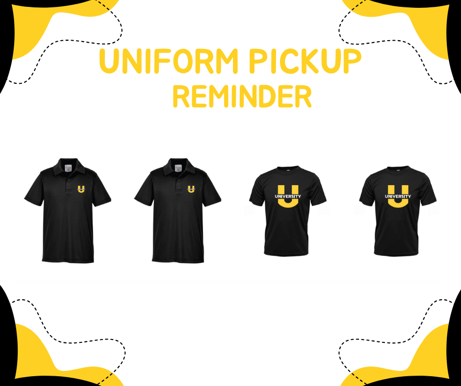 Graphic with the headline "Uniform Pickup Reminder" featuring black University Laboratory School uniform polos and T-shirts on a white background with black and gold decorative accents in the corners.