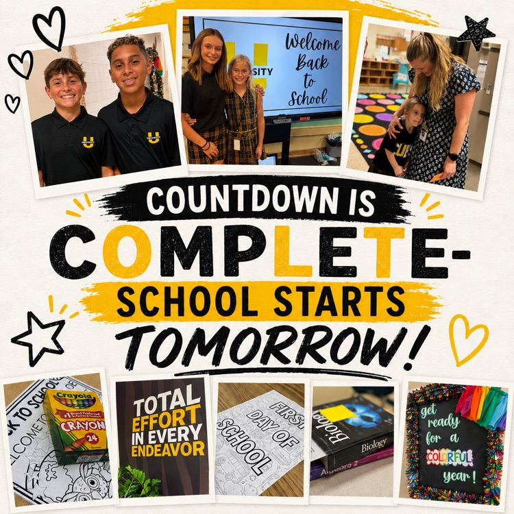 Collage of students, teachers, school supplies, and colorful classroom decorations with text reading, “Countdown is complete—school starts tomorrow!