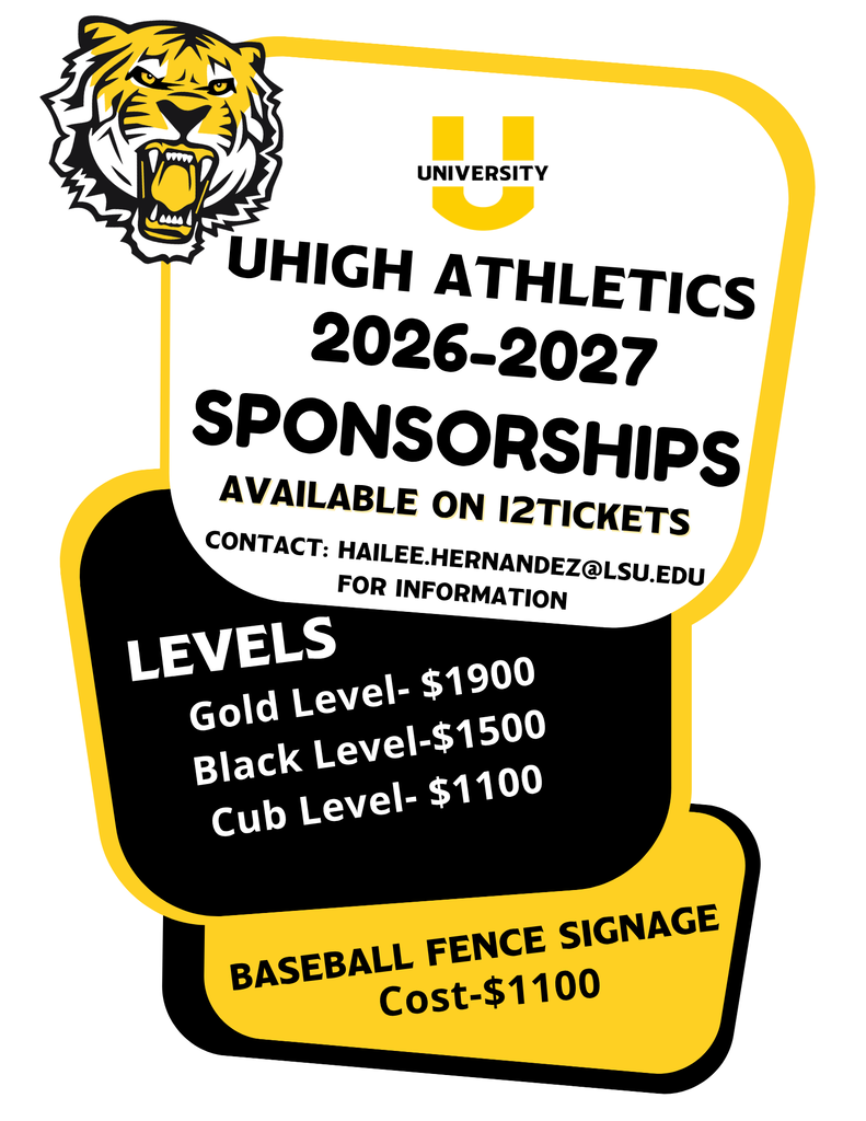 An informational flyer for University High School Athletics 2026-2027 Sponsorships. It features a yellow and black color scheme with a tiger logo.