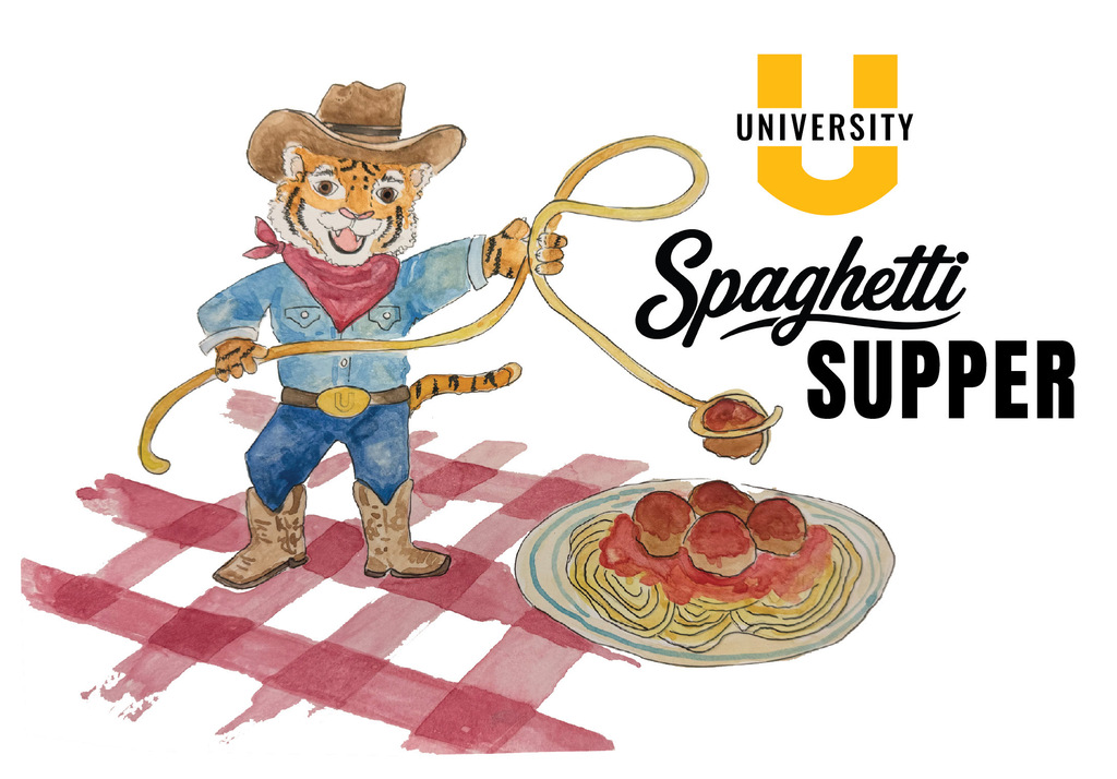Watercolor illustration of a cartoon tiger dressed as a cowboy lassoing a meatball with a strand of spaghetti. A plate of spaghetti sits nearby on a checkered tablecloth, with a university logo and the text "Spaghetti SUPPER" in the corner.