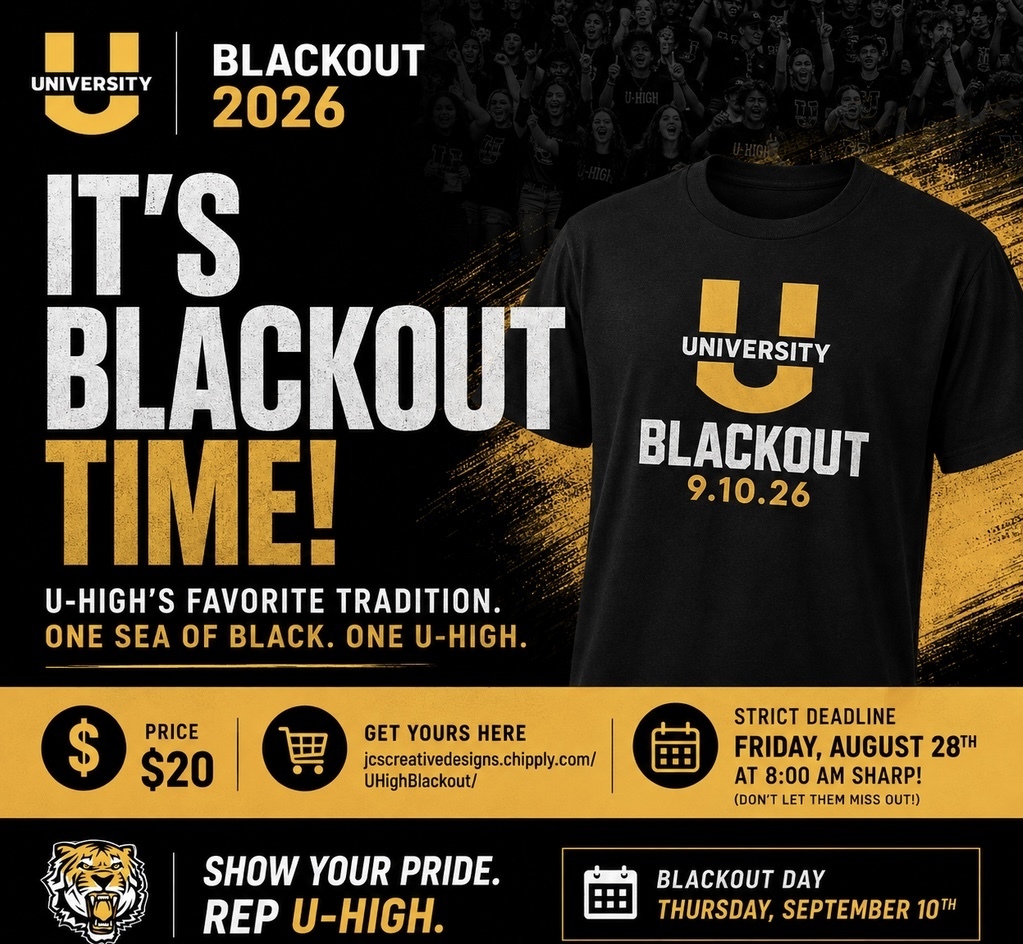 A black and yellow flyer for "Blackout 2026" featuring a black t-shirt with a yellow University "U" logo and the text "Blackout 9.10.26." It includes ordering details for $20, a deadline of Friday, August 28th, and states that Blackout Day is Thursday, September 10th.