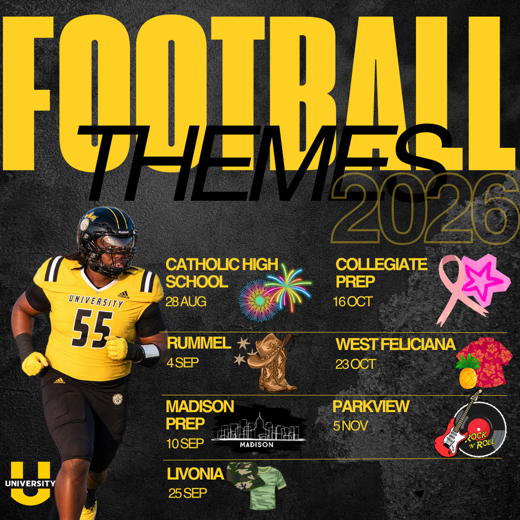 Football student schedule graphic for University High School titled "FOOTBALL THEMES 2026."