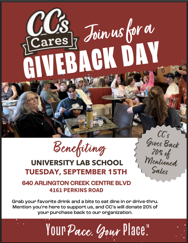 A promotional flyer for a CC's Cares Giveback Day benefiting University Lab School on Tuesday, September 15th. It features a photo of a crowded coffee shop and notes that CC's will donate 20% of mentioned sales from dine-in or drive-thru purchases.