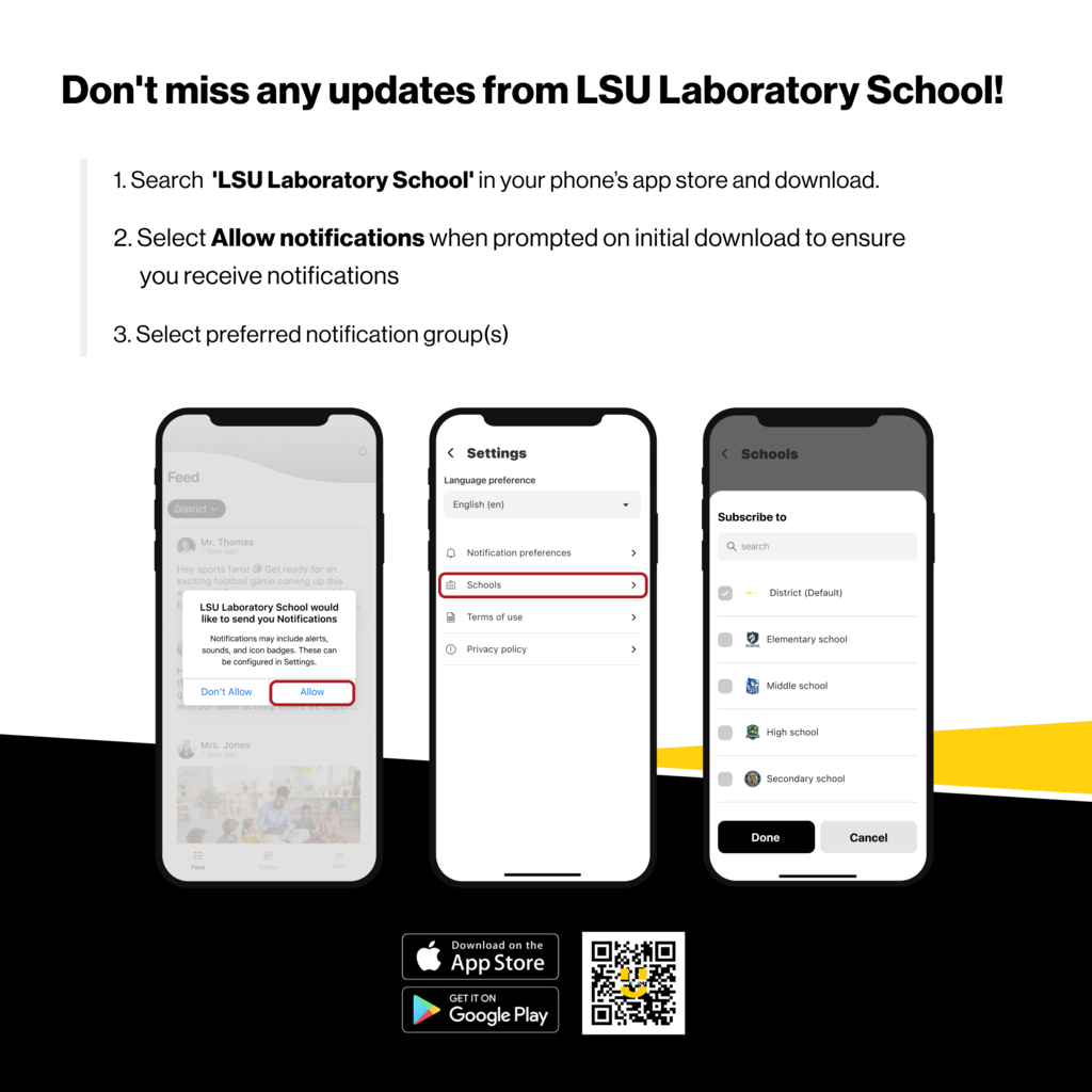 An instructional infographic titled "Don't miss any updates from LSU Laboratory School!" outlines a three-step process for downloading the school's mobile app and configuring notifications.
