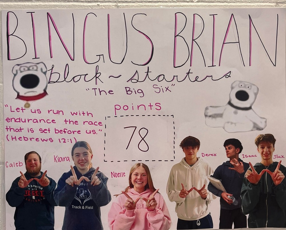 No “I” in Team. the six members of the Bingus Brian Blockstarters came up with a creative way to display their points. This team is made up of juniors Caleb Macnabb and Kiara Trent, sophomores Noelle larson and Derek Baker, junior Isaac Smith, and freshman Jack Kilton.