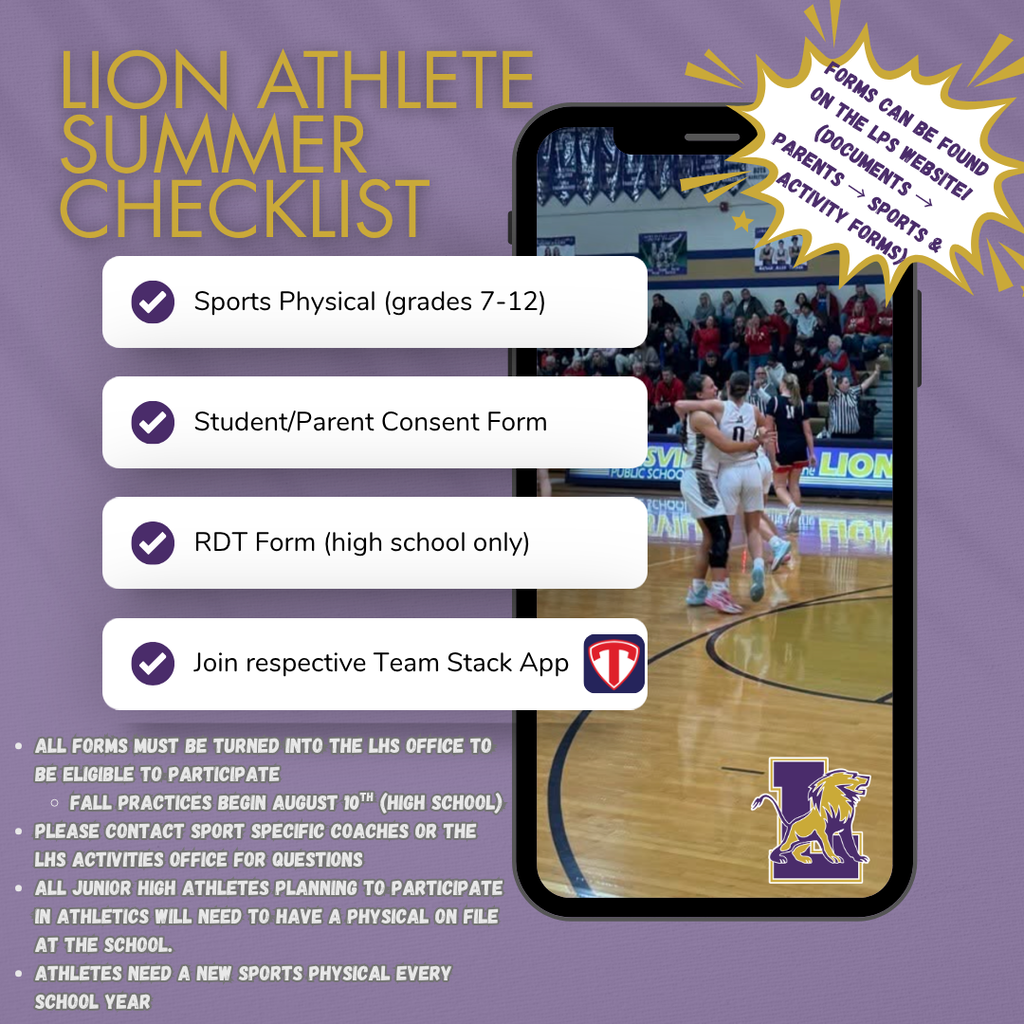 Checklist reminding athletes and families to turn in sports physicals and forms for the upcoming school year.