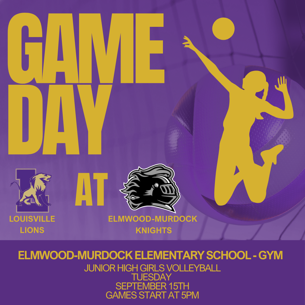 Junior High Girl Volleyball Tuesday September 15th. Games start at 5pm in the Elmwood-Murdock Elementary Gym