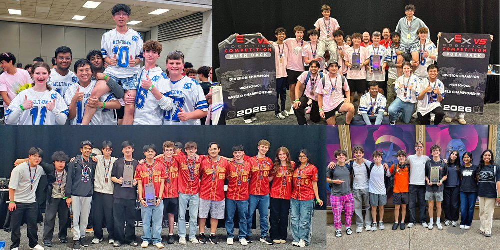 Lovejoy Robotics pictures - students standing together holding trophies and banners at Vex 2026 Worlds