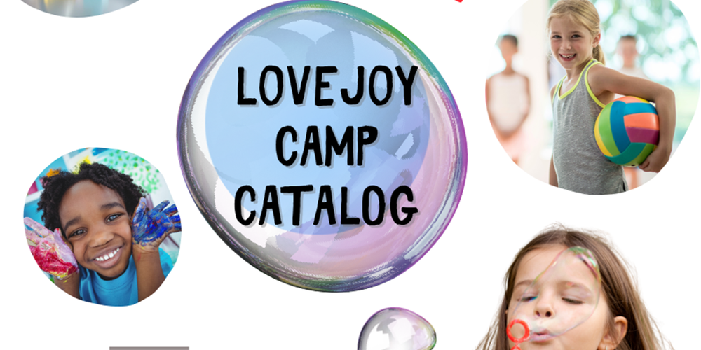 Lovejoy Camp Catalog cover with pictures of students enjoying enrichment activities. 