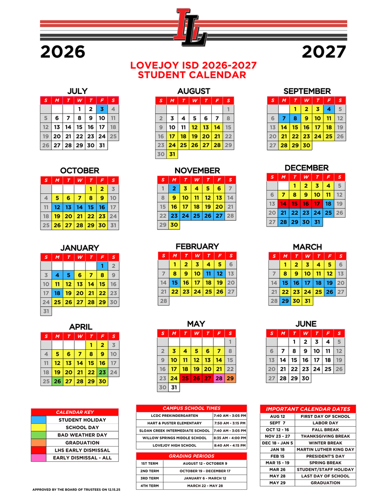2026-2027 Lovejoy ISD Student Calendar