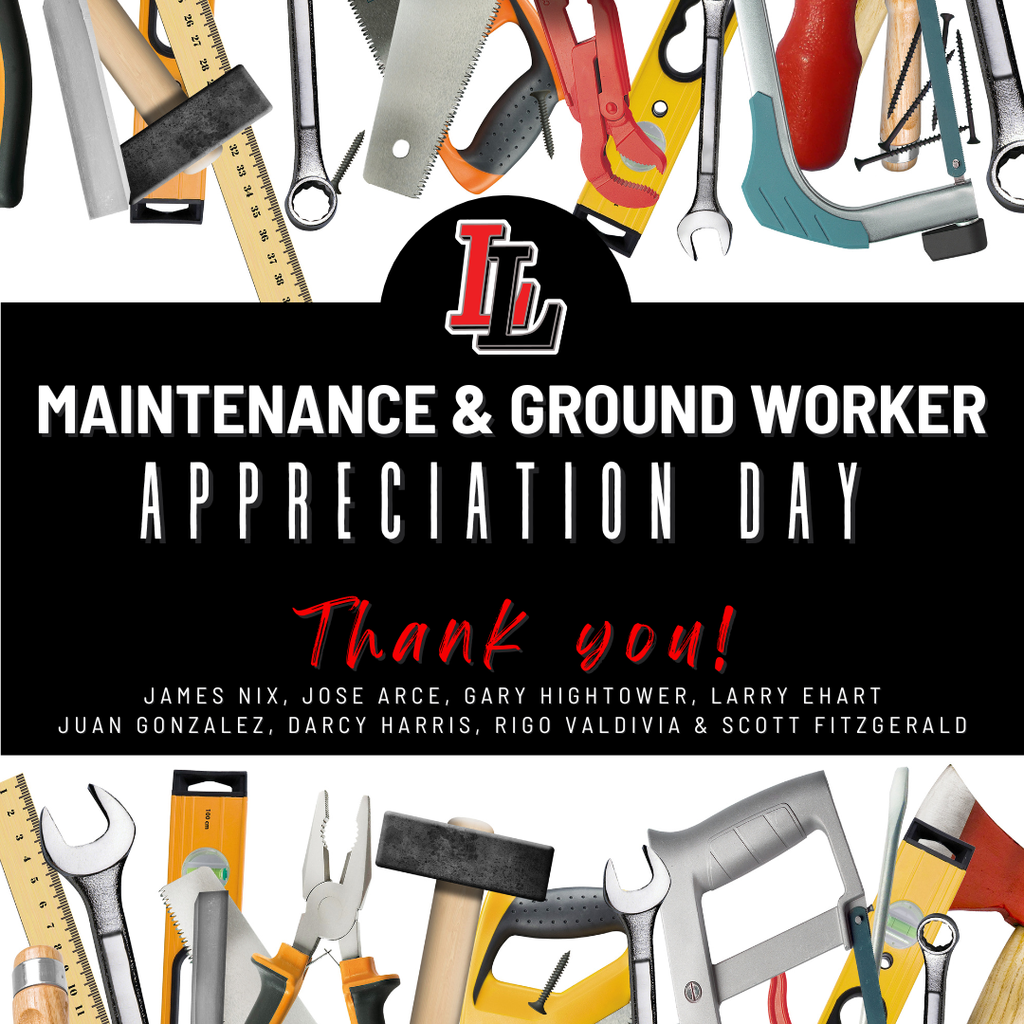 Tools like hammers, wrenches, and levels arranged. Black text reads 'Maintenance & Ground Worker Appreciation Day'. Names listed below.
