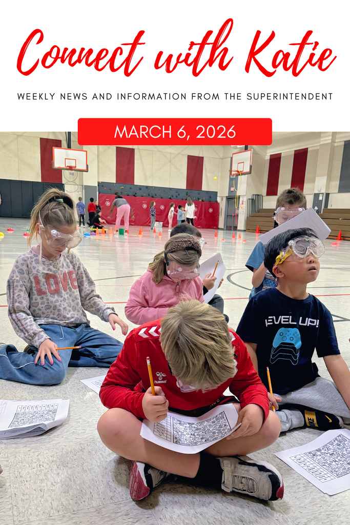 Four children wearing safety goggles sit on a floor, working on paper. A red border surrounds the image with text that reads "Connect with Katie".