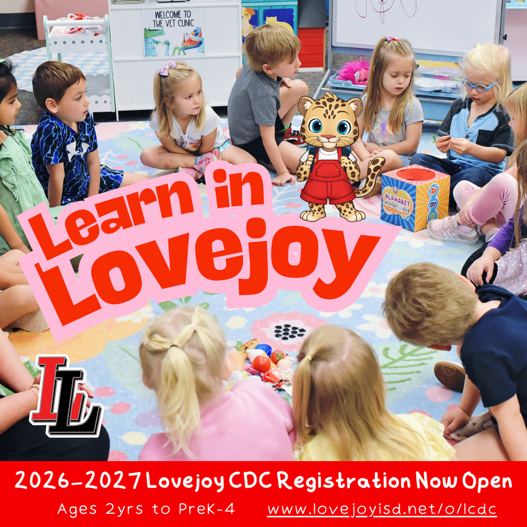 Children in a classroom circle, engaged in activities. Logo with "Learn in Lovejoy" text. Registration information on the bottom.