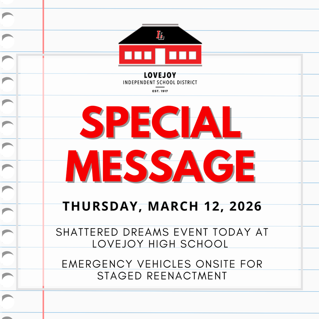 A notebook page displays a red "SPECIAL MESSAGE" title. Below, it reads "Thursday, March 12, 2026." Details about an event at Lovejoy High School follow.
