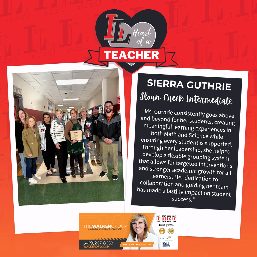 Collage featuring Sierra Guthrie, a teacher, with a group photo and a description of her dedication.