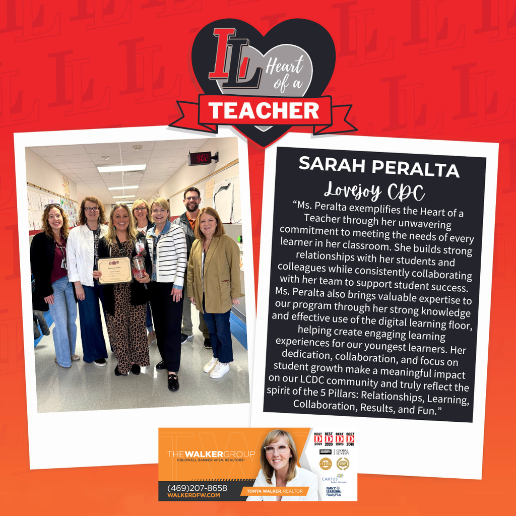 A red backdrop displays a text award for a teacher. A photo of a teacher and her students is shown.