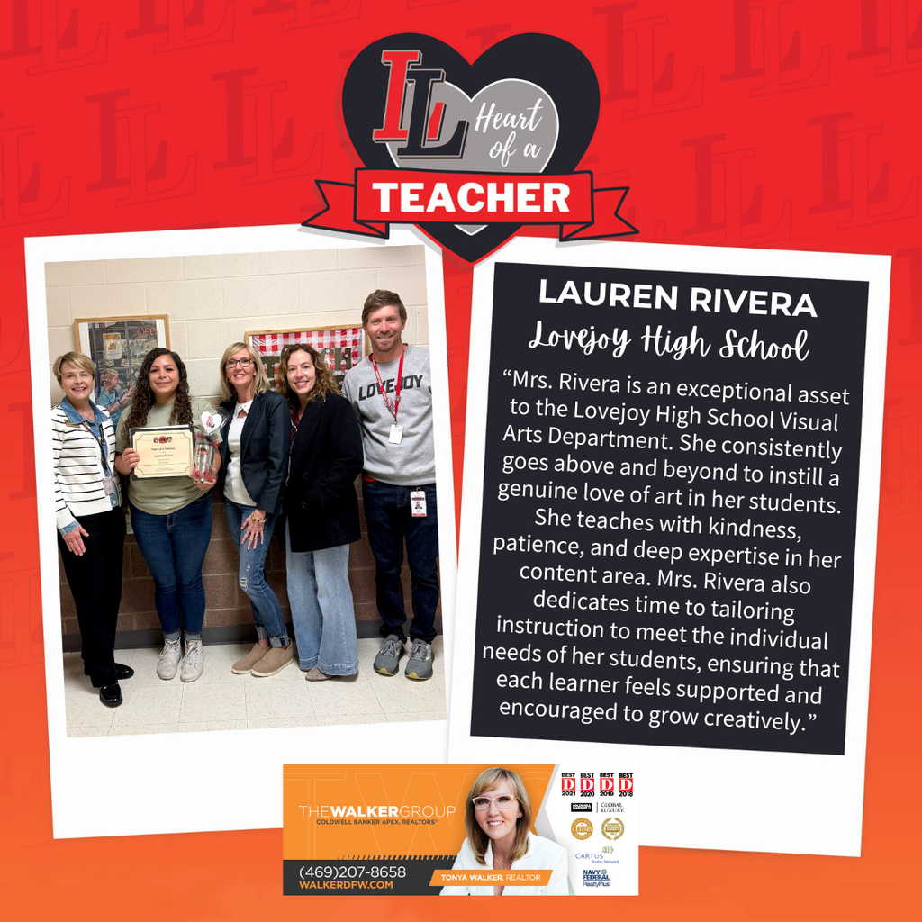 Text and photos on a red background. Two photos of teachers and students with an award. One photo of Lauren Rivera with a testimonial.