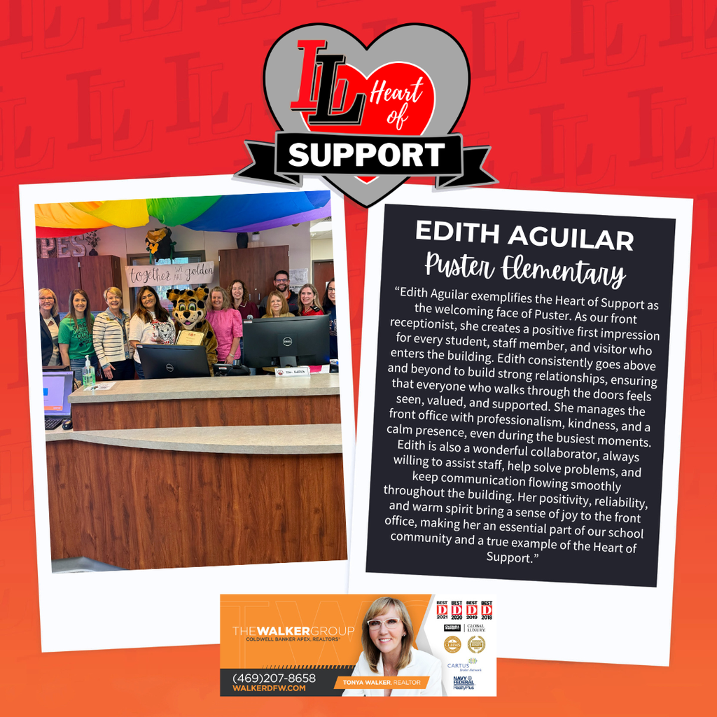 Two images side by side; one shows a group at a reception desk, the other features a testimonial card about Edith Aguilar.