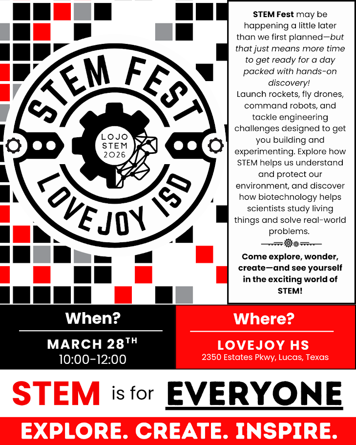 A flyer for STEM Fest on March 28th from 10:00-12:00 at Lovejoy HS. It features a black and white square grid, gears, and text.