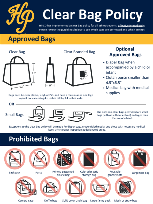 Visual guide on clear bag policy for events. Approved bags include clear bags and diaper bags with infants. Prohibited bags shown in icons.