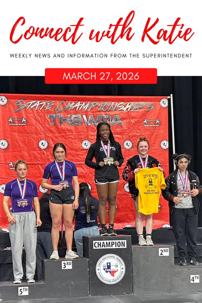 Five women in medals stand on a stage with banners behind them. Text overlay reads "Connect with Katie" and "Weekly News and Information from the Superintendent".