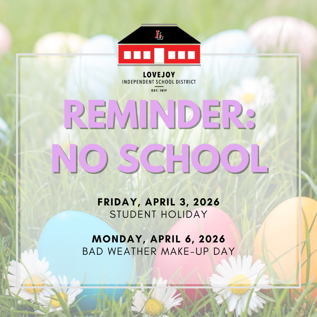 A reminder message on a green background with Easter eggs and flowers. It reads "NO SCHOOL" for two dates.