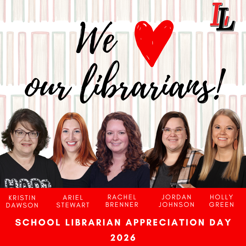 A poster shows five women, each wearing glasses. The text reads "We love our librarians!" and lists names.