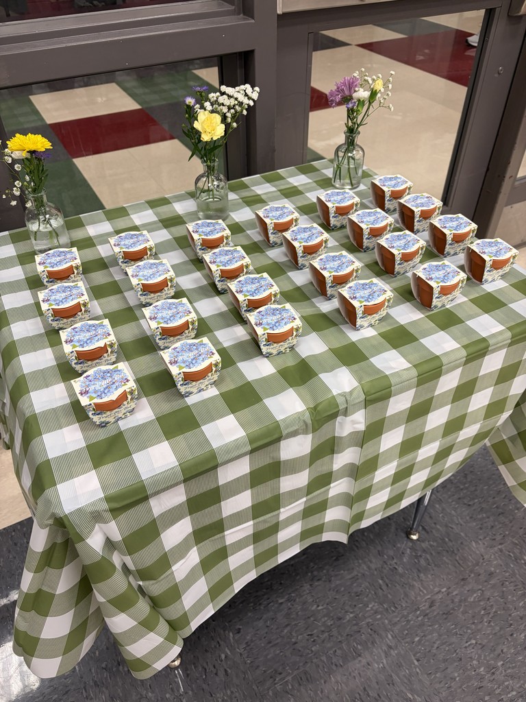 A table covered with a green and white checkered tablecloth displays boxes of dessert. Three small vases with flowers are placed on the table.