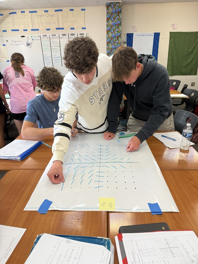 Three young people work together on a large piece of paper over a desk. One person wears a white shirt.