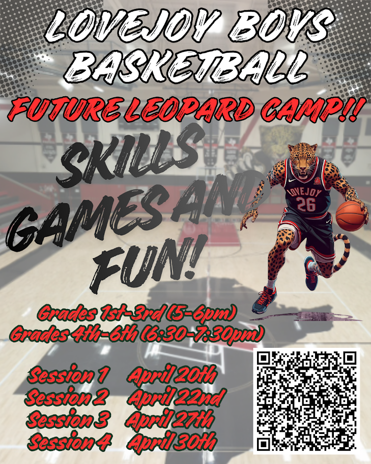 A basketball court with a player in a leopard uniform dribbling. Sessions 1-4 listed with dates and times.
