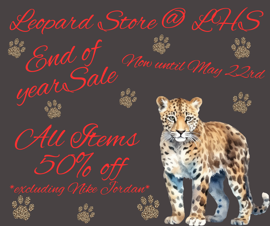 A leopard stands on a dark background with red text reading "End of year Sale." The text includes "All Items 50% off" and "excluding Nike Jordan."
