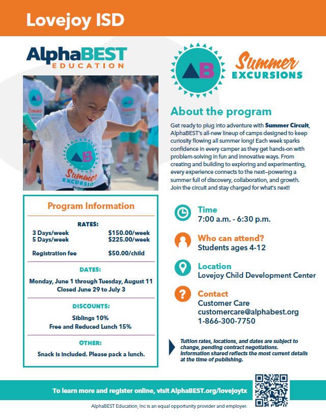 An advertisement for a summer program. A child in a white shirt is featured. Details include dates, times, and costs.