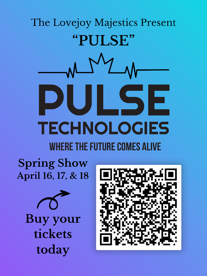 Blue and purple background with event details. "Pulse Technologies" in large black letters. Dates for the Spring Show: April 16, 17, 18. QR code.