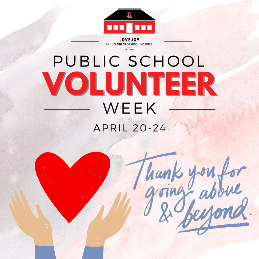 A poster with pink background, a building logo, a heart, and text "Public School Volunteer Week April 20-24" above two hands.