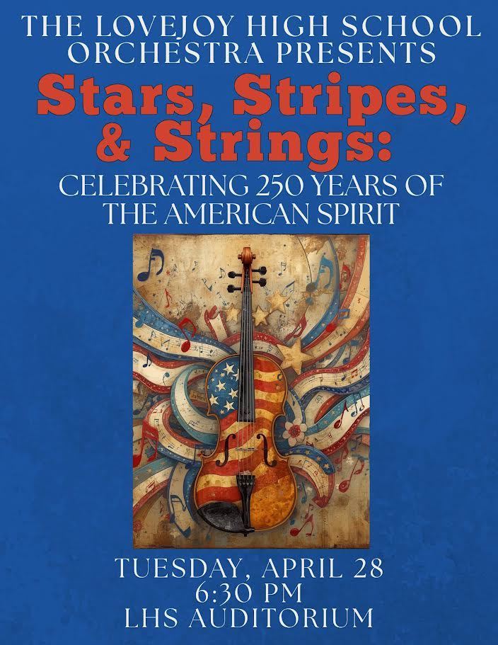 Blue poster with a violin design. Violin is decorated with stars and stripes. Text reads "Celebrating 250 Years of the American Spirit."