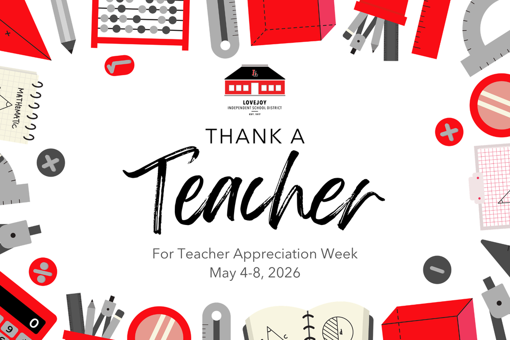 A white backdrop displays various school supplies, including pencils, erasers, and a ruler. Text reads "Thank A Teacher" and "For Teacher Appreciation Week May 4-8, 2026."