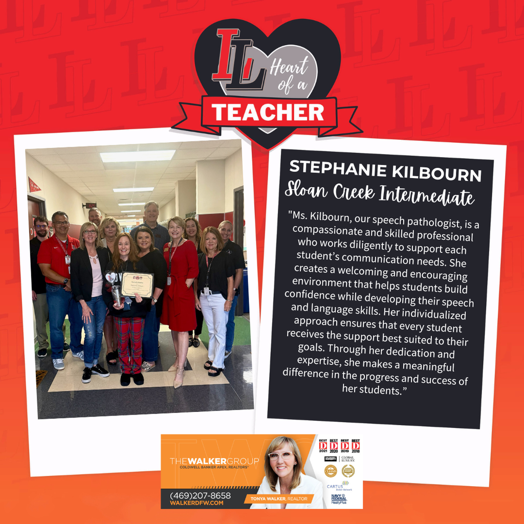 A red background displays a collage featuring a group photo and a professional card. The group photo shows adults in school uniforms standing in a hallway.