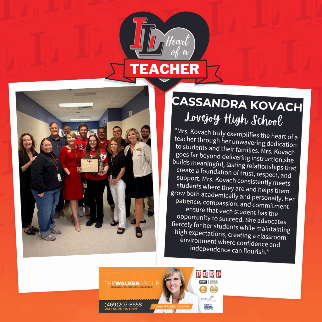 A collage of two images: a group of teachers and a text praising Cassandra Kovach. Background is red.