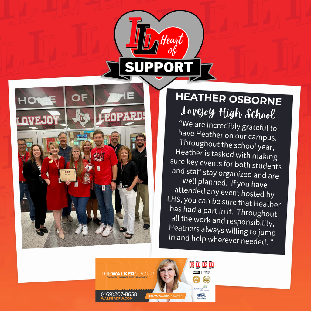 Two images: one shows a group of people in red shirts, the other says "Heather Osborne, Lovejoy High School".