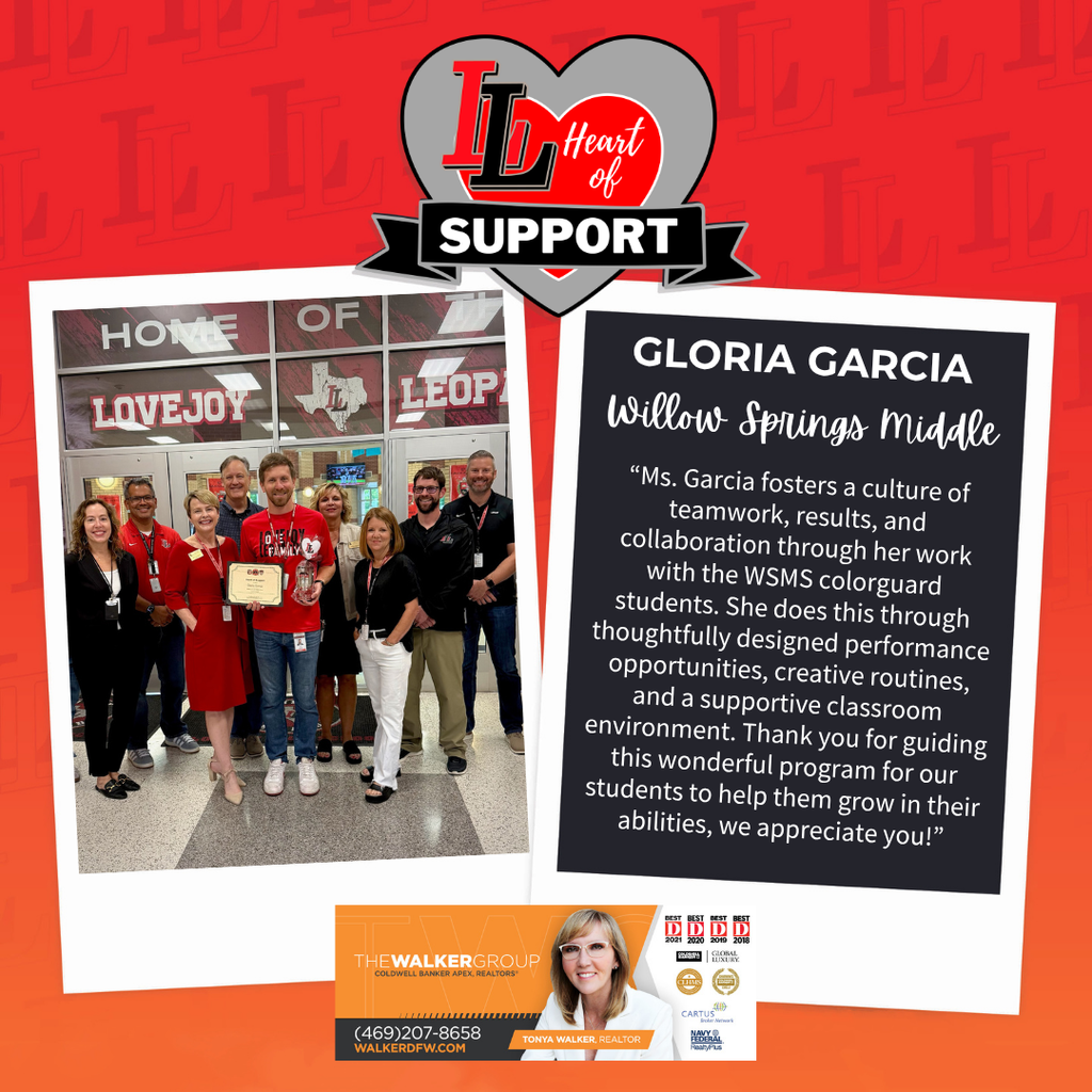 Two posters on a red background. Left shows a group in front of a building. Right is an award for Gloria Garcia.