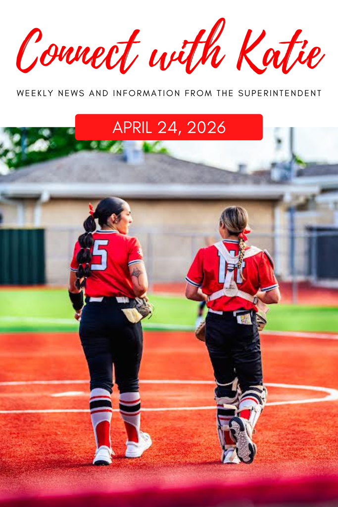 Two students in red uniforms walk on a baseball field. Text at the top reads "Connect with Katie" and "April 24, 2026".