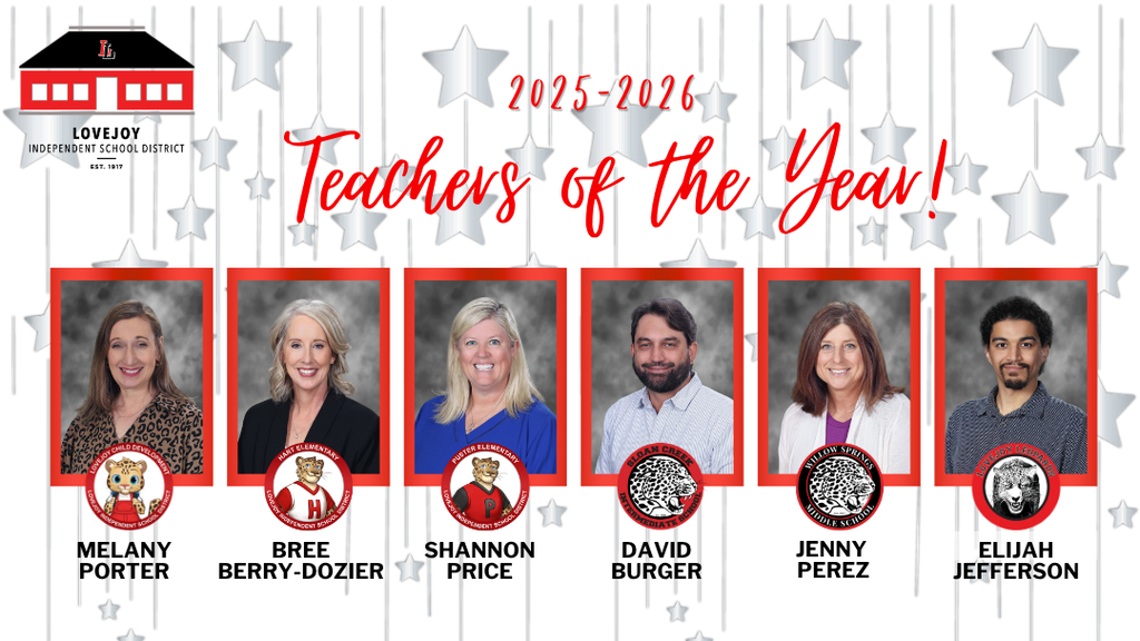 An image of six people with stars and the text "Teachers of the Year!" Names of the teachers are listed below their pictures.