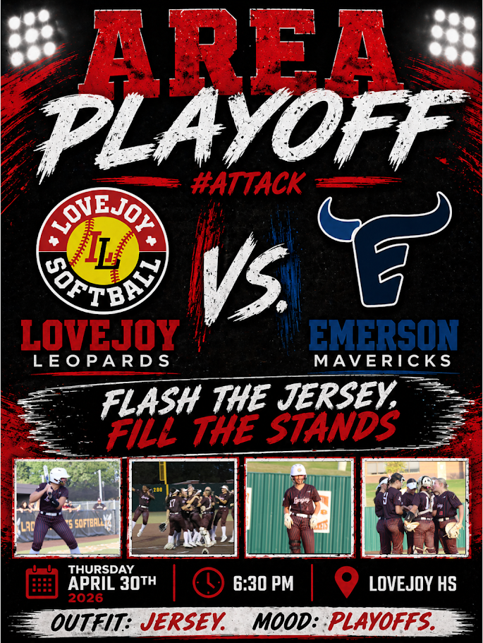 An event poster for the Area Playoff softball match between Lovejoy Leopards and Emerson Mavericks. Dated Thursday, April 30th at 6:30 PM.