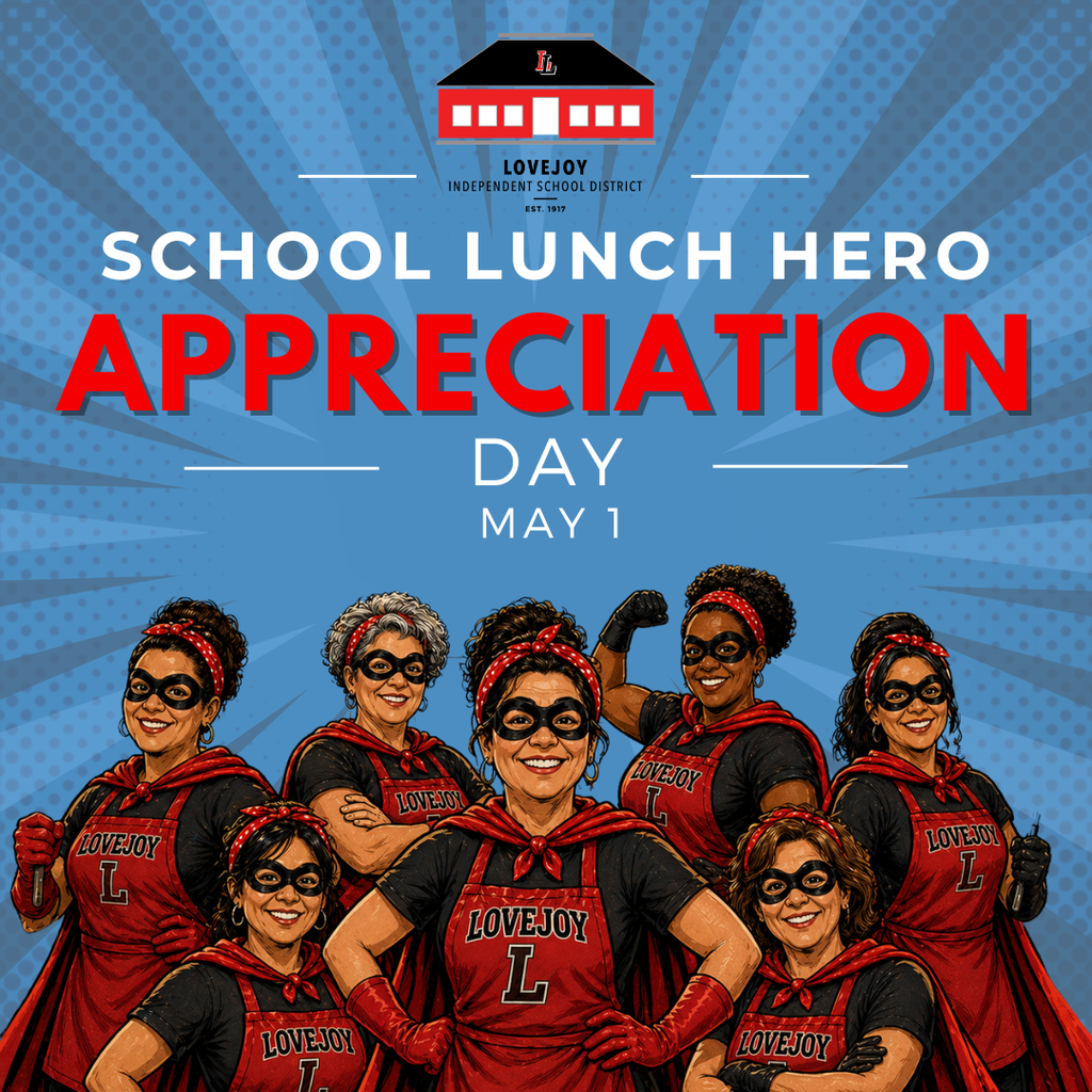 Advertisement for School Lunch Hero Appreciation Day on May 1. Seven women in red and black costumes, gloves, and masks.