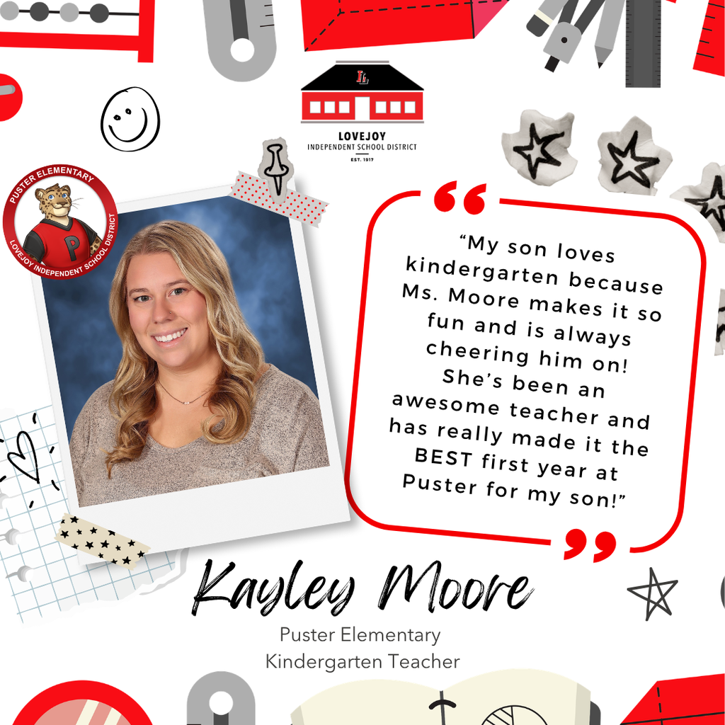 A collage of various school-related icons surrounds a smiling woman, named Kayley Moore, with a testimonial about her kindergarten teaching.
