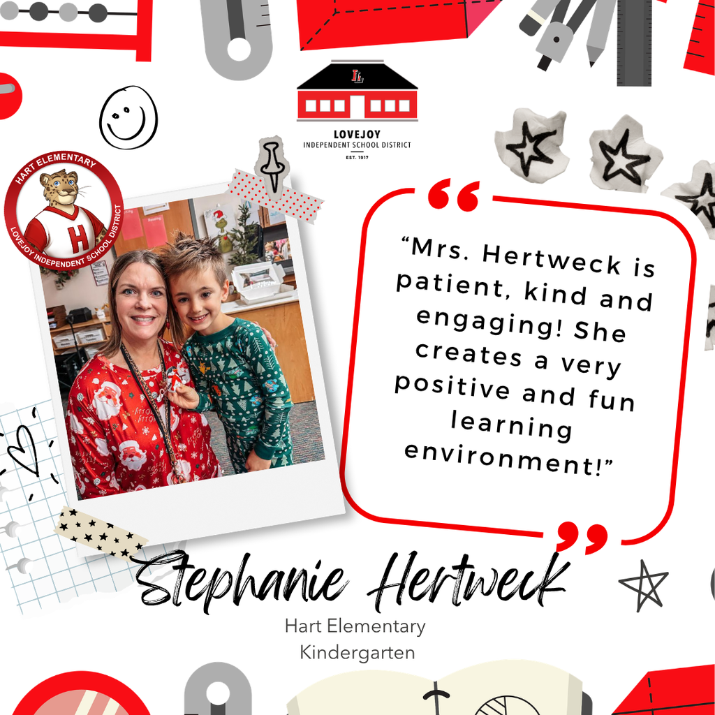 A collage of icons and text. A photo of a woman and child. Text reads, "Mrs. Hertneck is patient, kind, and engaging."